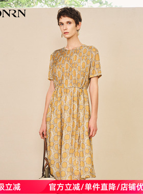 商场同款HONRN/红人系带圆领印花气质连衣裙短袖女夏HK22OL208
