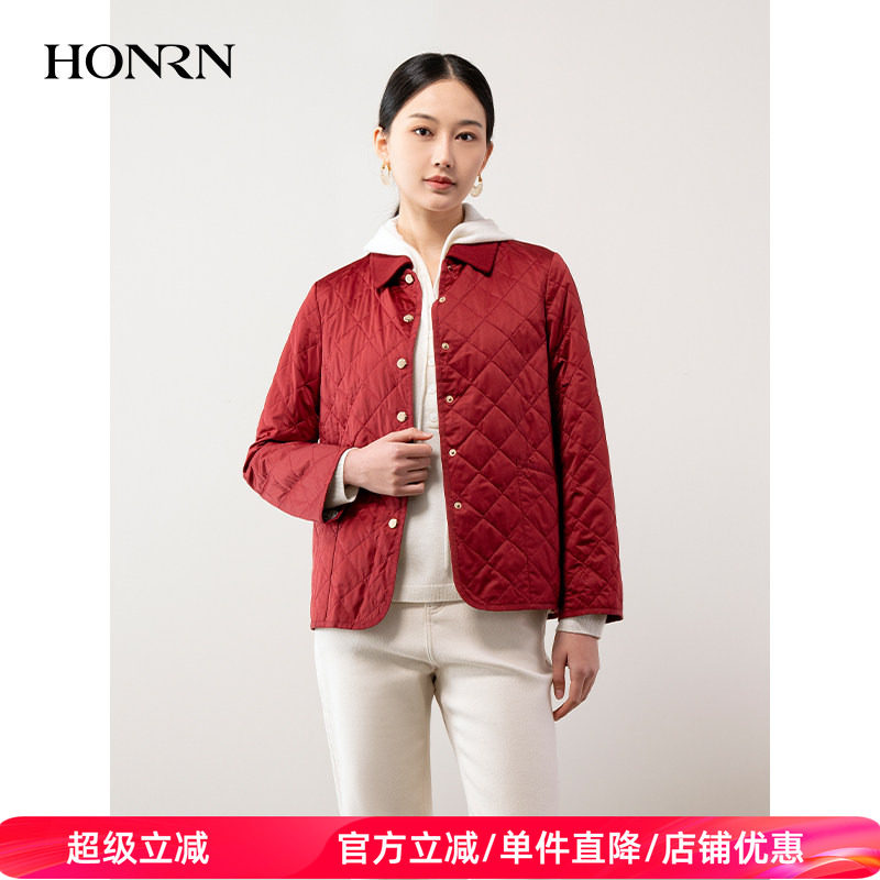 HONRN/红人时尚宽松红色女式新款菱格薄夹棉外套女HH11MA736