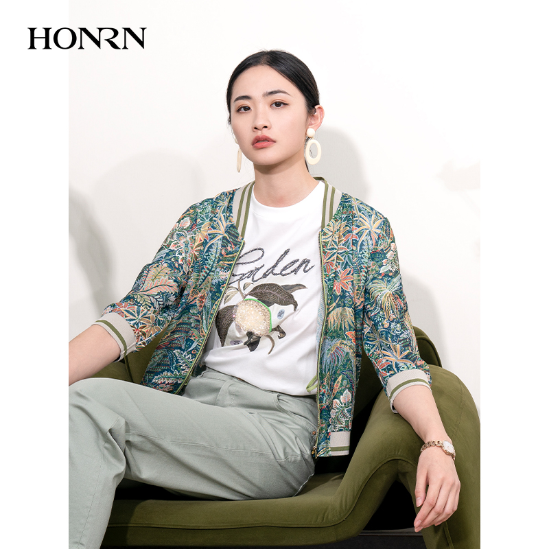 HONRN/红人夏季v领短款新中式休闲夹克开衫外套女薄款HI22OS816