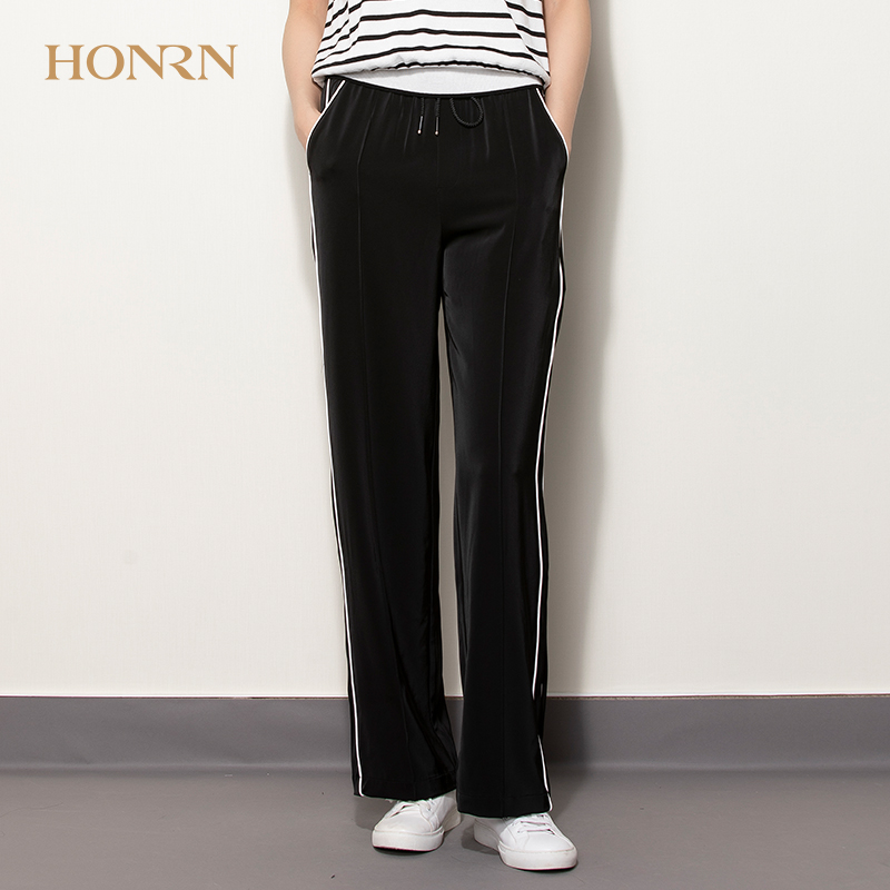 HONRN/红人黑色裤子宽松显瘦垂感运动休闲薄款直筒阔腿裤女夏季