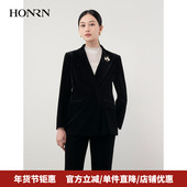 HONRN 女春秋HH11OS608 外套装 红人复古气质黑色丝绒修身 显瘦西装