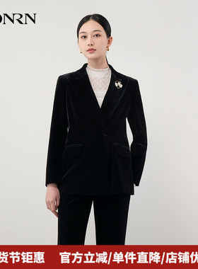 HONRN/红人复古气质黑色丝绒修身显瘦西装外套装女春秋HH11OS608