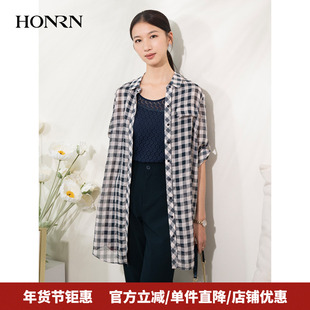 HONRN/红人宽松休闲薄款中长款格子衬衣衬衫女上衣夏季HI22OC577