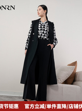 HONRN/红人气质黑色长款西装领背心马甲马夹外套女春秋HH11MJ165