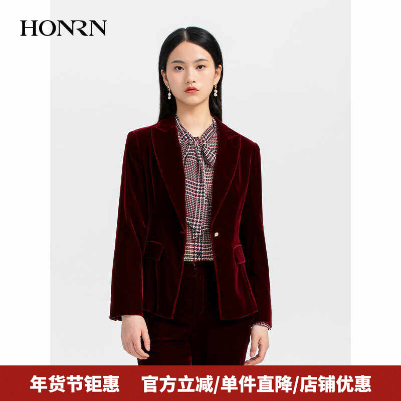 HONRN/红人休闲修身收腰长袖丝绒西装外套上衣女春秋款HH33OS365