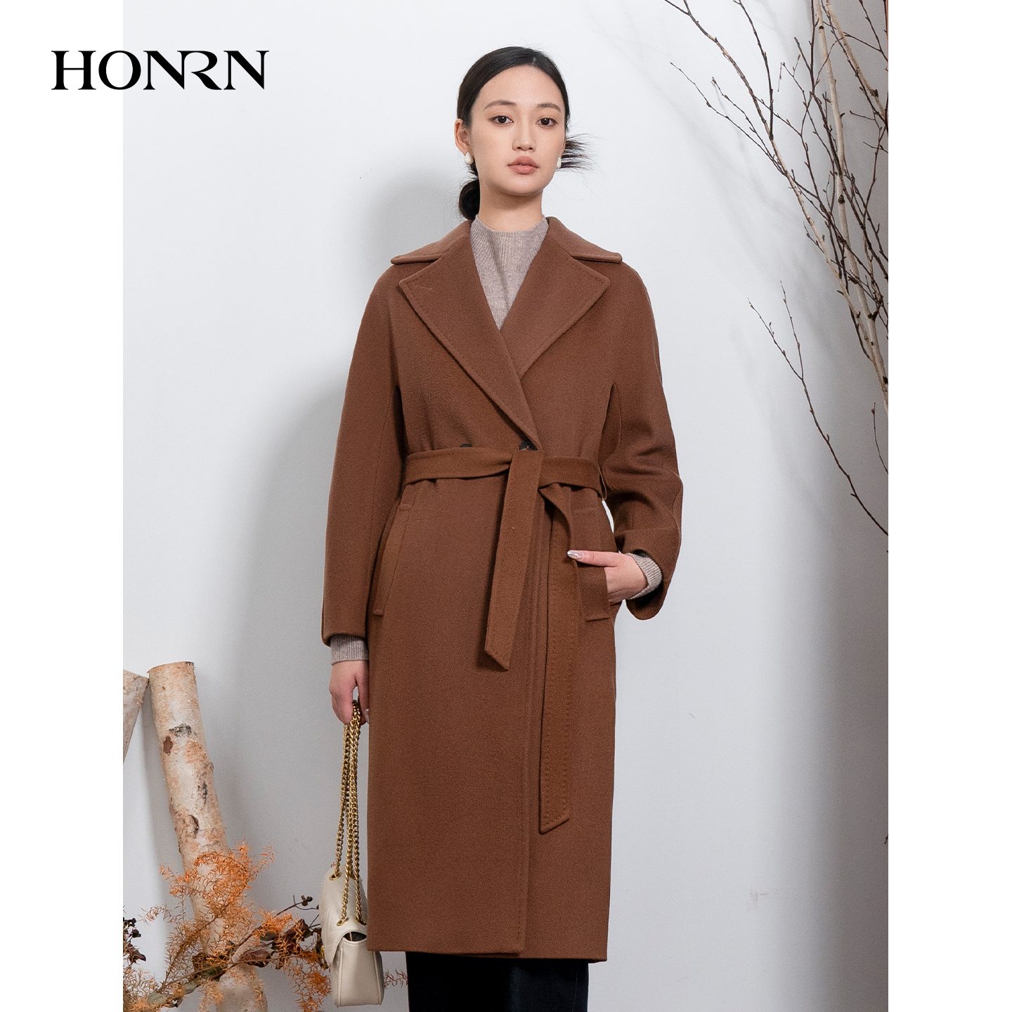 HONRN/红人系带山羊绒羊毛呢大衣