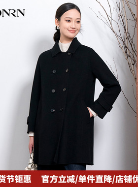 HONRN/红人黑色双面山羊绒羊毛呢子大衣外套女秋冬款HI55OD083