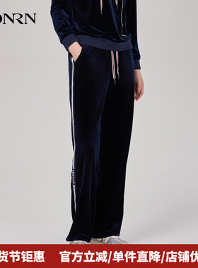 HONRN/红人宽松蓝色松紧腰丝绒休闲运动直筒卫裤女春秋HI39OK022