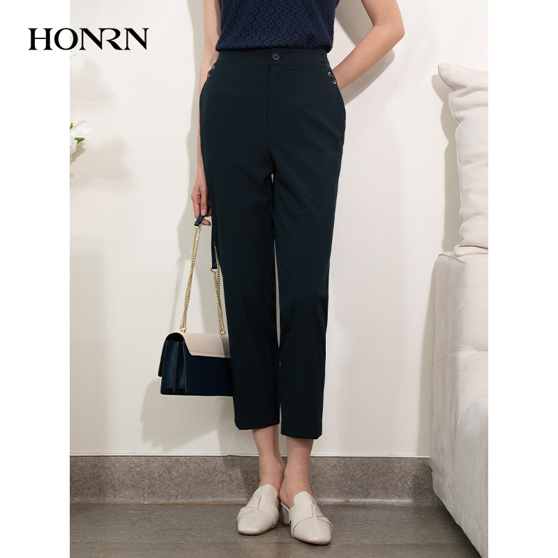 HONRN/红人蓝色九分直筒锥形休闲裤烟管裤西装裤女夏季HI22OK893