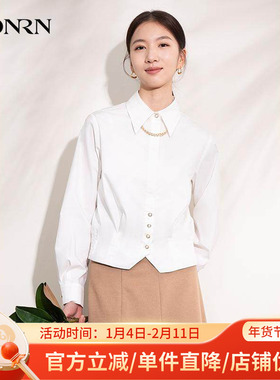 HONRN/红人休闲修身短款长袖设计感棉质白色衬衫女上衣HI11OC654