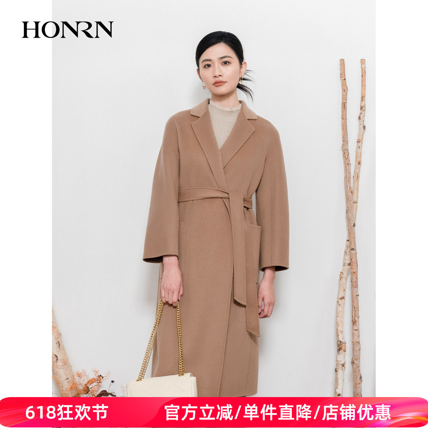 HONRN/红人中长系带双面山羊绒羊毛呢子大衣外套女秋冬HI55OD916