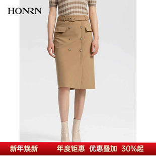 HONRN 红人气质双排扣直筒裙子遮肚子显瘦半身裙女春秋HH33OQ511