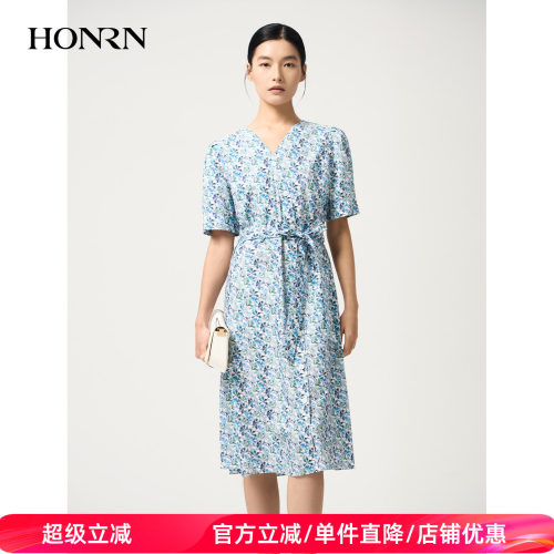 红人夏季V领碎花收腰显瘦连衣裙
