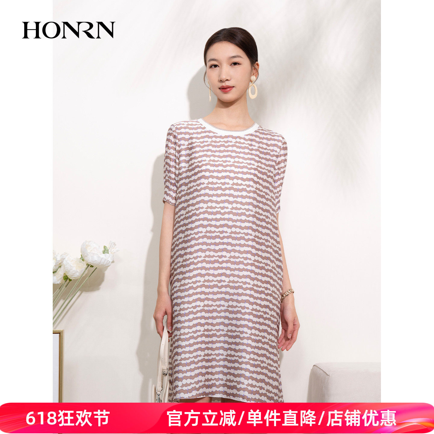 HONRN/红人气质减龄印花泡泡袖圆领遮肉短袖连衣裙女夏HI22OL661