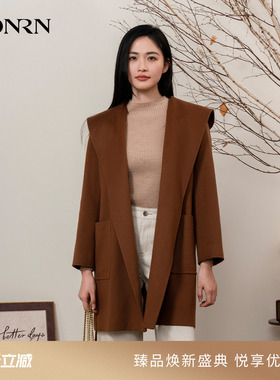 HONRN/红人连帽系带收腰山羊绒羊毛呢子大衣外套女秋冬HI55OD852