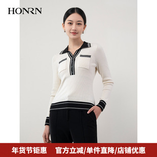 HONRN/红人黑白色条纹长袖修身polo领针织衫上衣女春秋HH11OM628
