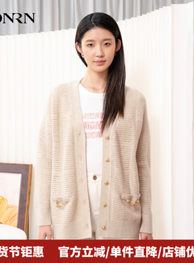 HONRN/红人宽松长袖v领羊毛镂空针织衫开衫上衣女春秋HI33OM022