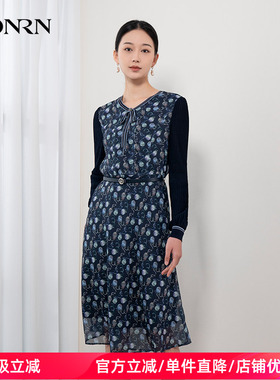 HONRN/红人针织袖拼接网面印花收腰显瘦a字连衣裙女春秋HH11OL070