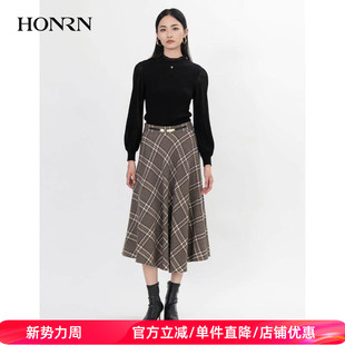 HONRN HH55OQ715 红人格子格纹长裙子显瘦羊毛呢a字半身裙女秋冬款