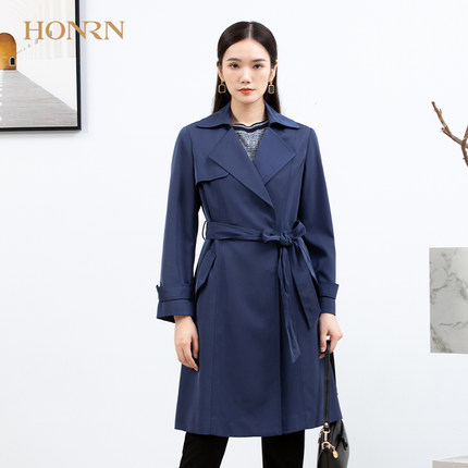 HONRN/红人蓝色休闲气质西装领系带收腰风衣外套中长款女春秋款