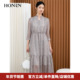 HONRN 红人优雅气质v领系带收腰显瘦印花连衣裙女春夏HI33OL011