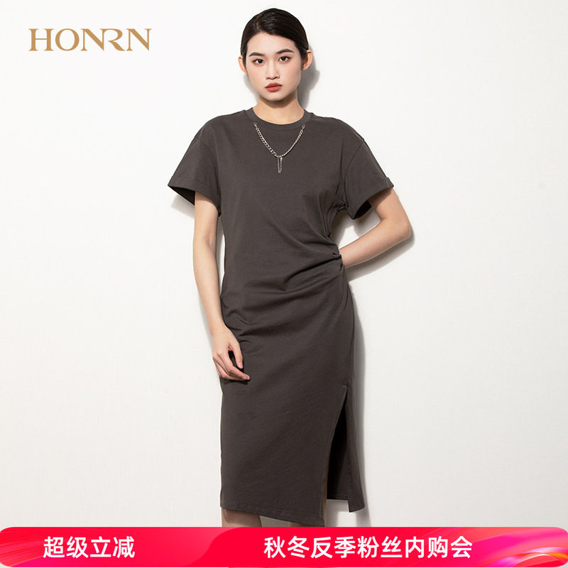 HONRN/红人休闲气质洋气修身显瘦裙子收腰中长款t恤连衣裙女夏季