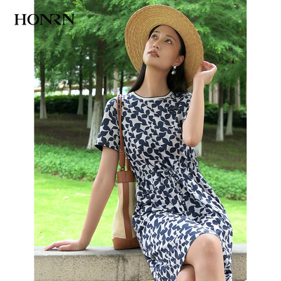 商场同款HONRN/红人优雅气质淑女直身收腰棉连衣裙女夏HK22OL247
