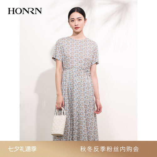 HONRN/红人压褶短袖收腰连衣裙