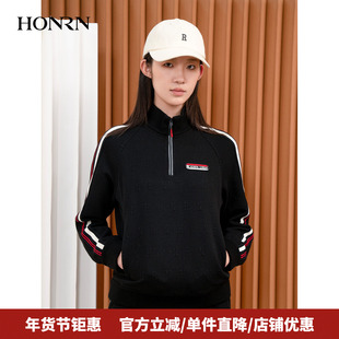HONRN/红人修身黑色短款立领长袖套头卫衣上衣女款秋冬HI55SY177