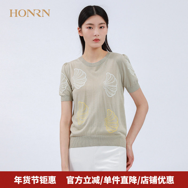 HONRN/红人新款短袖圆领套头针织衫上衣女夏季薄款设计感修身显瘦