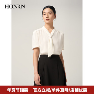 HONRN/红人白色气质飘带v领设计感女士短袖衬衫上衣夏季HJ22SY940