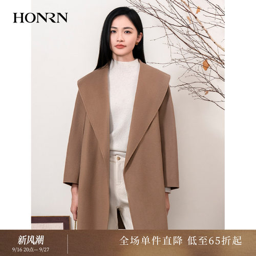 HONRN/红人系带山羊绒羊毛呢大衣