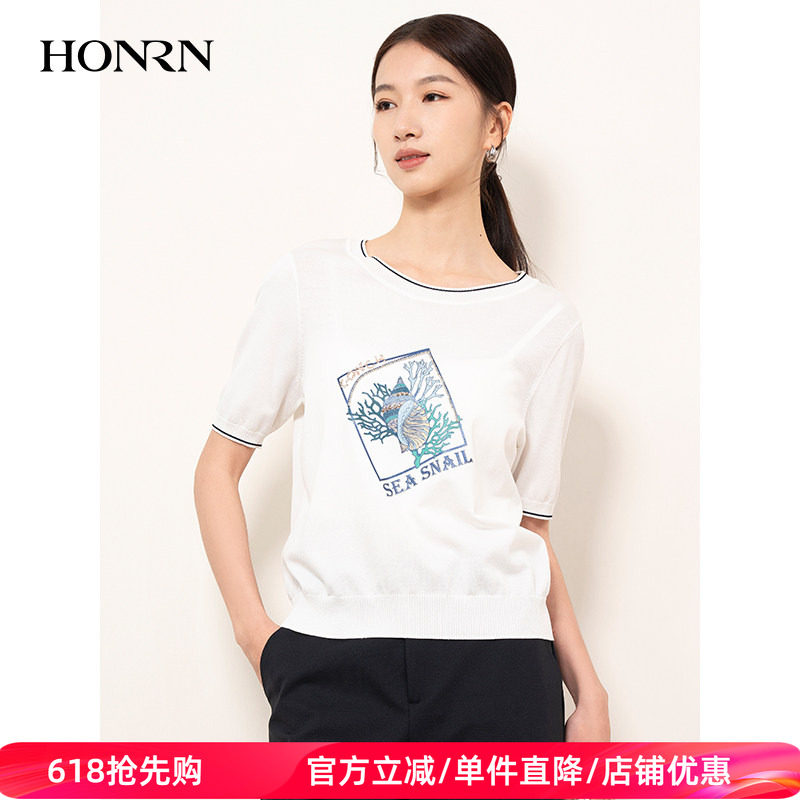 HONRN/红人白色薄款印花圆领套头短袖针织衫上衣女夏季HI22OM668