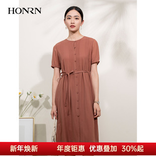 HONRN 连衣裙女夏HI22OL773 红人桑蚕丝真丝系带收腰显瘦a字短袖