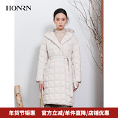 女中长款 HONRN 红人系带收腰连帽白鹅绒羽绒服外套冬季 HI55YR432