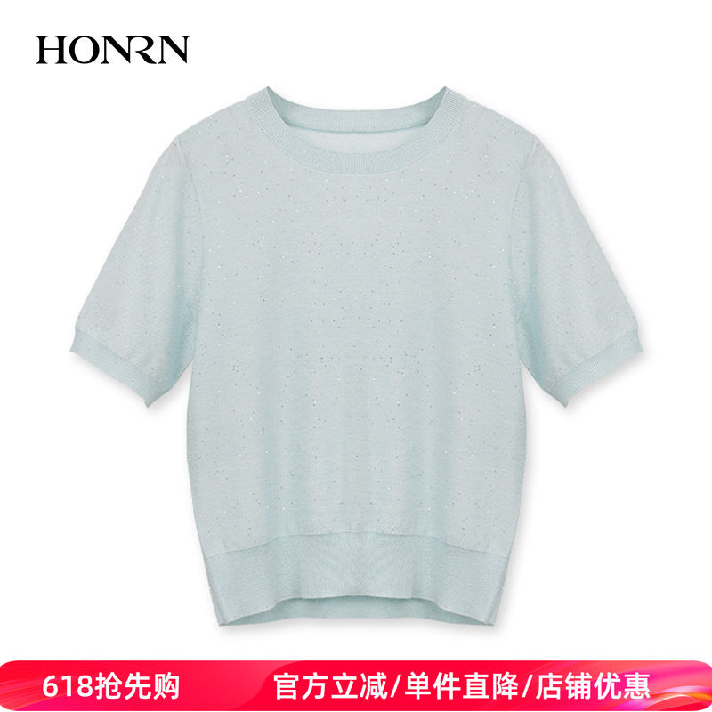 HONRN/红人宽松显瘦短袖薄款圆领套头针织衫上衣女夏HK29OM014
