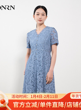 HONRN/红人气质蓝色v领修身收腰显瘦a字蕾丝连衣裙女夏HH22OL670