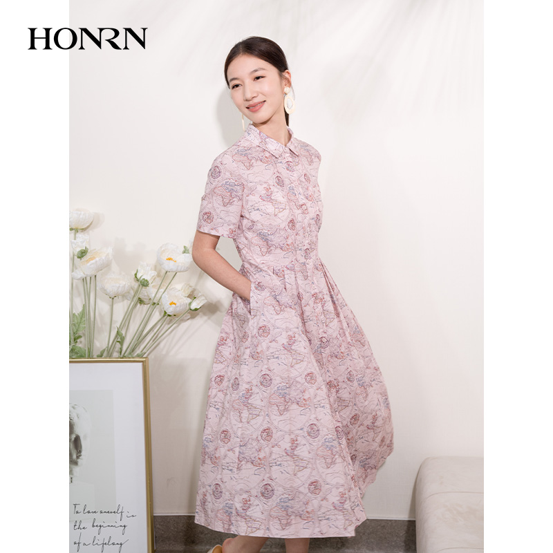 HONRN/红人气质粉色短袖收腰显瘦压褶a字裙子连衣裙女夏HI22OL428