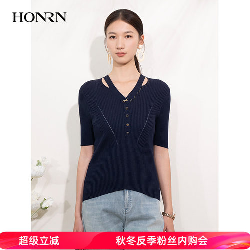 HONRN/红人v领开叉薄款针织衫