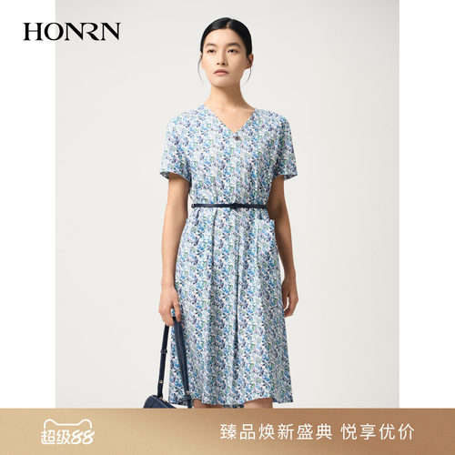 红人夏季V领碎花纯棉A字连衣裙