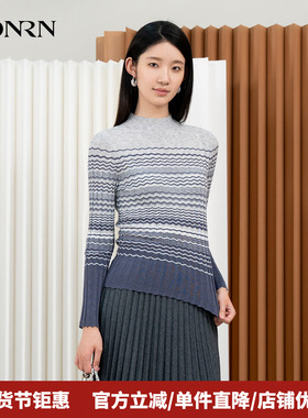 HONRN/红人半高领条纹长袖套头羊毛针织衫上衣女春秋HI33OM124