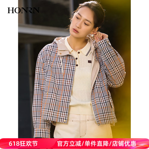 HONRN/红人格纹短外套女连帽拉链夹克复古休闲上衣HL11OS125