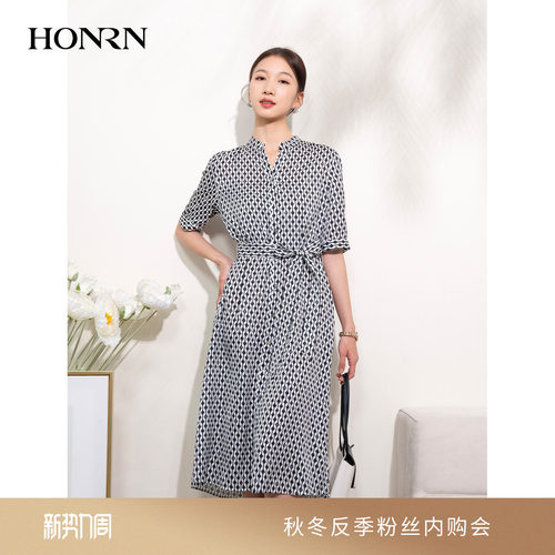 HONRN/红人短袖系带收腰连衣裙