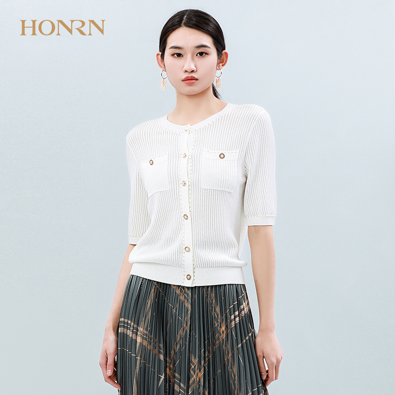 HONRN/红人修身白色薄款纽扣装饰短袖套头镂空针织衫上衣女夏季