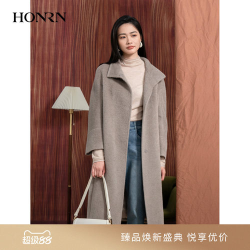 HONRN/红人灰色羊驼毛羊毛呢大衣
