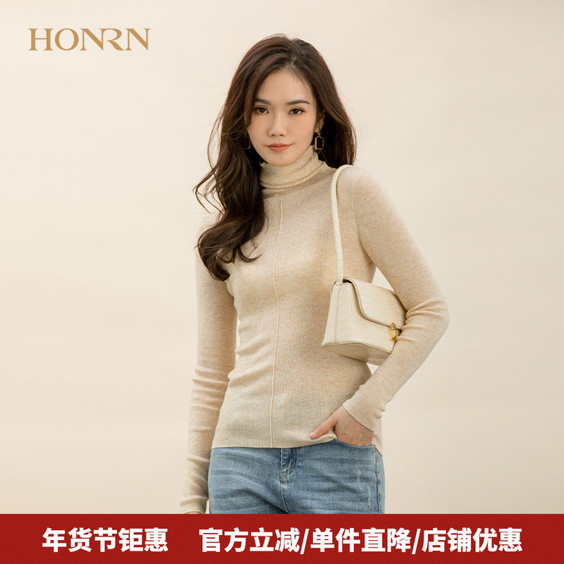 HONRN/红人修身长袖堆堆领打底内搭羊毛毛衣套头针织衫上衣女秋冬