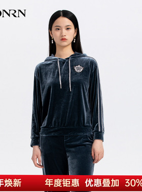 HONRN/红人运动休闲蓝色丝绒连帽长袖卫衣上衣女春秋款HH33SY047
