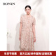 HONRN 红人优雅印花短袖 圆领收腰显瘦中长a字连衣裙女夏HI22OL406