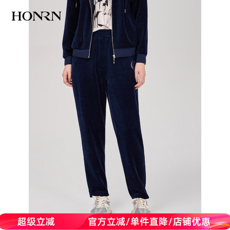 HONRN/红人蓝色宽松直筒显瘦丝绒运动休闲裤垂感女秋季HI39OK026