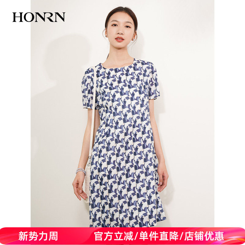 HONRN/红人优雅气质遮肉显瘦短袖纯棉裙子连衣裙女夏HI22OL618